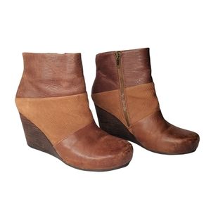 OTBT Dharma Leather Wedge Booties Ankle Boots Brown Patchwork Panel